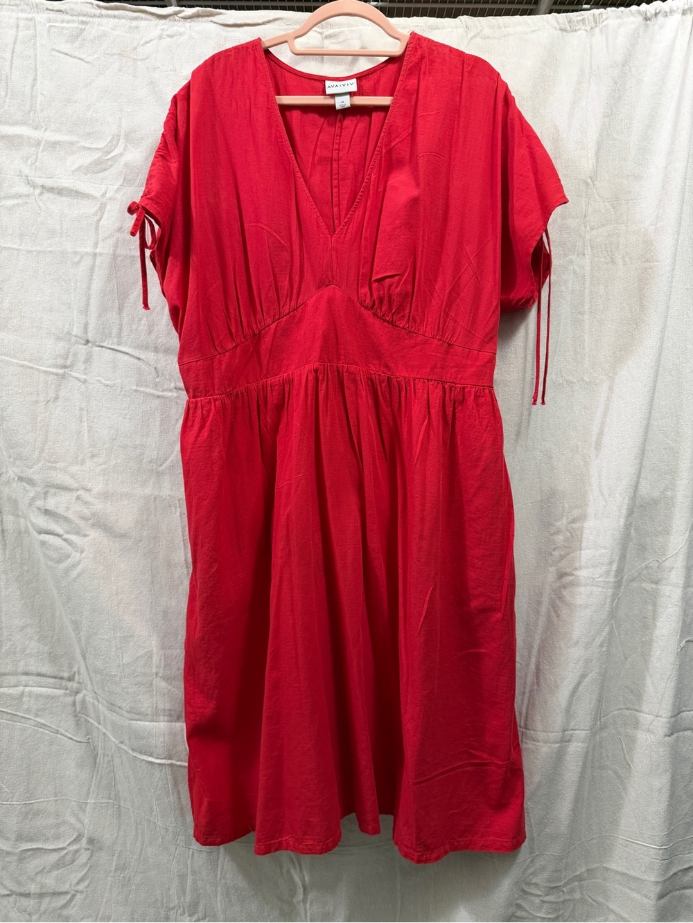Ava & Viv Red Midi Dress V-Neck Tie Sleeves